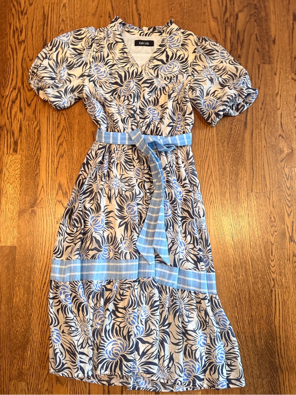 NWOT Fabrik Cottagecore Garden Blue long Floral Print Midi Dress with Belt